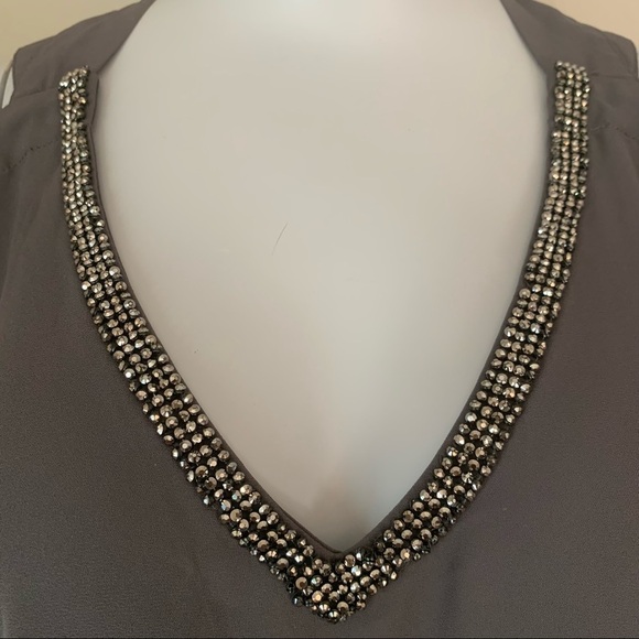 JUICY COUTURE Embellished Silky Cold Shoulder V-Neck Blouse Gray - Picture 3 of 15